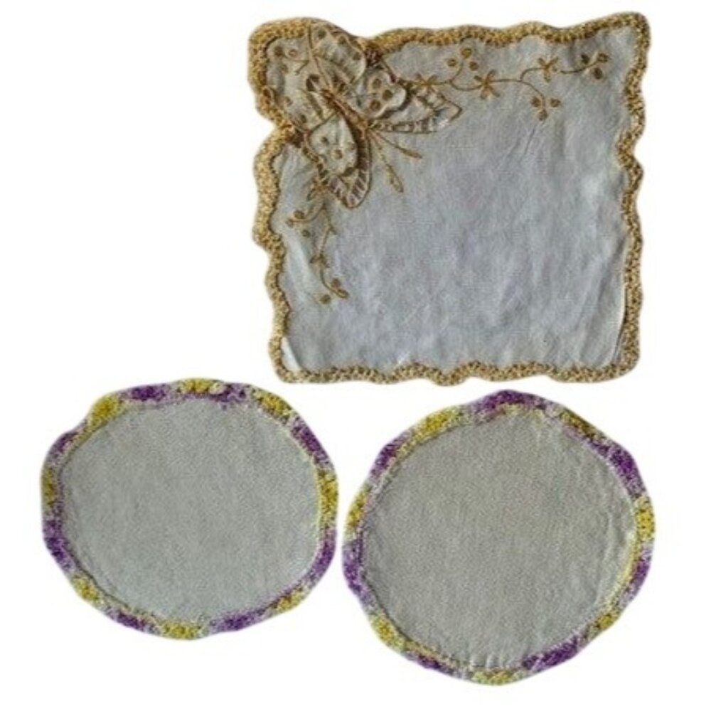 Vintage Embroidered & Crocheted Linen Doilies Set Butterfly Details